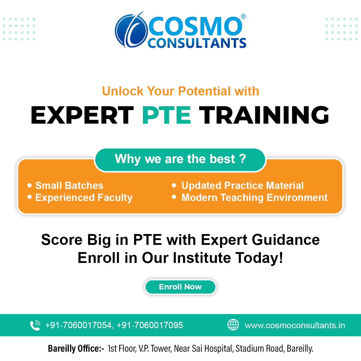 Crack PTE with Confidence! Join Our Proven Institute Today.
For more information reach us: +91-7060017054, +91-7060017095.

#CosmoConsultants #pte #PTEInstitute #PTEClasses #PTECoaching #PTEexam #PTETips #PTEResult #PTEPreparation #PTETricks
