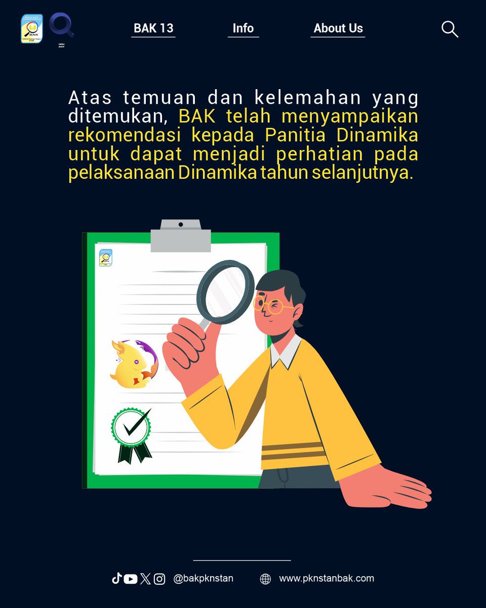 bakpknstan's tweet photo. [PELAKSANAAN AUDIT KINERJA ATAS KEGIATAN KEPANITIAAN DINAMIKA PKN STAN TA 2023]

Tujuan Audit Kinerja atas Kepanitiaan Dinamika PKN STAN Tahun 2023 adalah menilai aspek efisiensi dengan mengukur apakah telah menggunakan sumber daya secara produktif dalam mencapai tujuan kegiatan. https://t.co/v93l3JXoOm