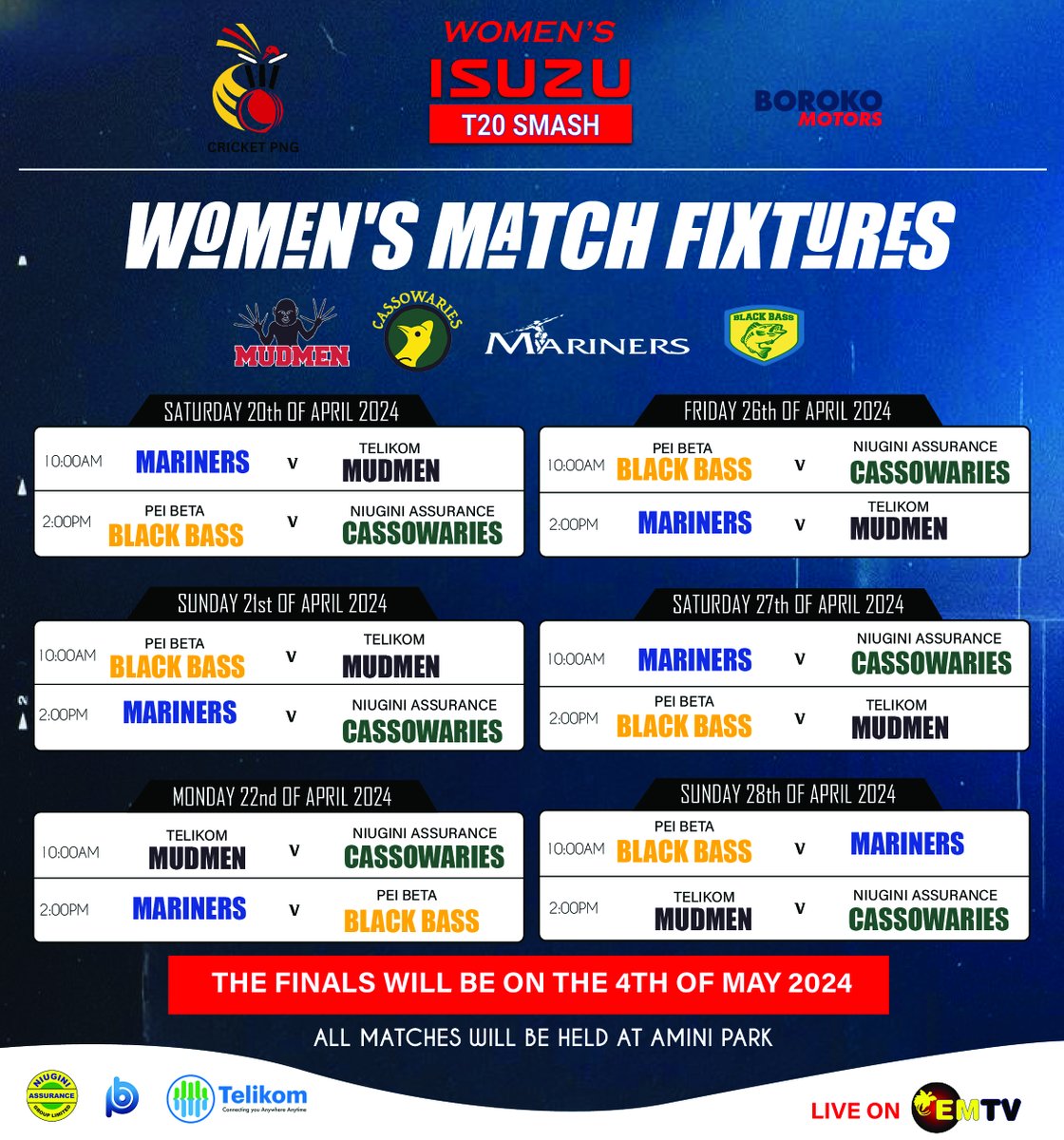 The Women’s Isuzu T20 Smash Cricket competition is set to kick off tomorrow, 20th of April 2024, 10am at the Amini Park in Port Moresby. Read more: emtv.com.pg/womens-isuzu-t…