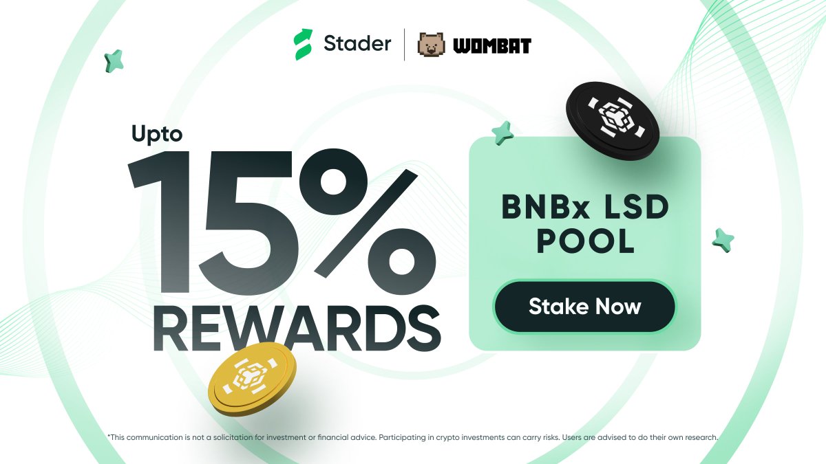 Staking BNB is more rewarding than ever! 🌟 Get upto 15% DeFi rewards with $BNBx LSD pool on @WombatExchange. Mint $BNBx and add liquidity to secure your rewards. Stake Now 🔗 bit.ly/3Q7jlzf