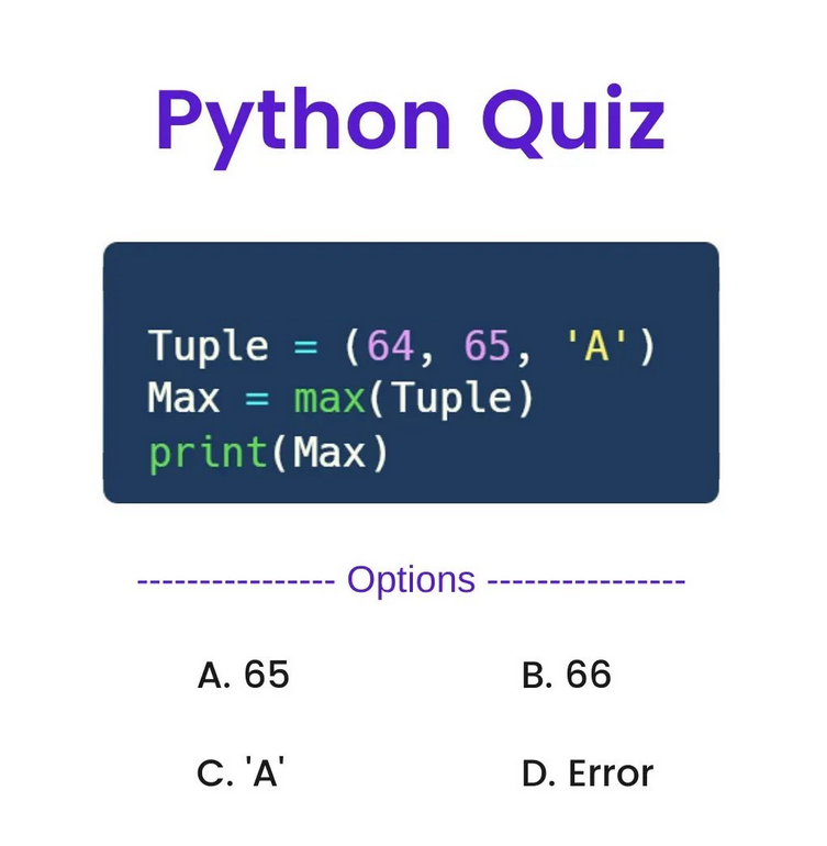 Python Question / Quiz;

What is the output of the following Python code, and why? 🤔🚀 Comment your answers below! 👇

#python #programming #developer #morioh #programmer #coding #coder #webdeveloper #webdevelopment #pythonprogramming #pythonquiz #machinelearning #datascience