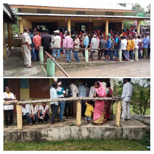 Glimpses of Election day, Long queues at polling booths as citizens eagerly await their turn to cast their votes & Police personnel are stationed at every booth, ensuring safety & security for a free & fair election @assampolice @DGPAssamPolice @gpsinghips @d_mukherjee_IPS