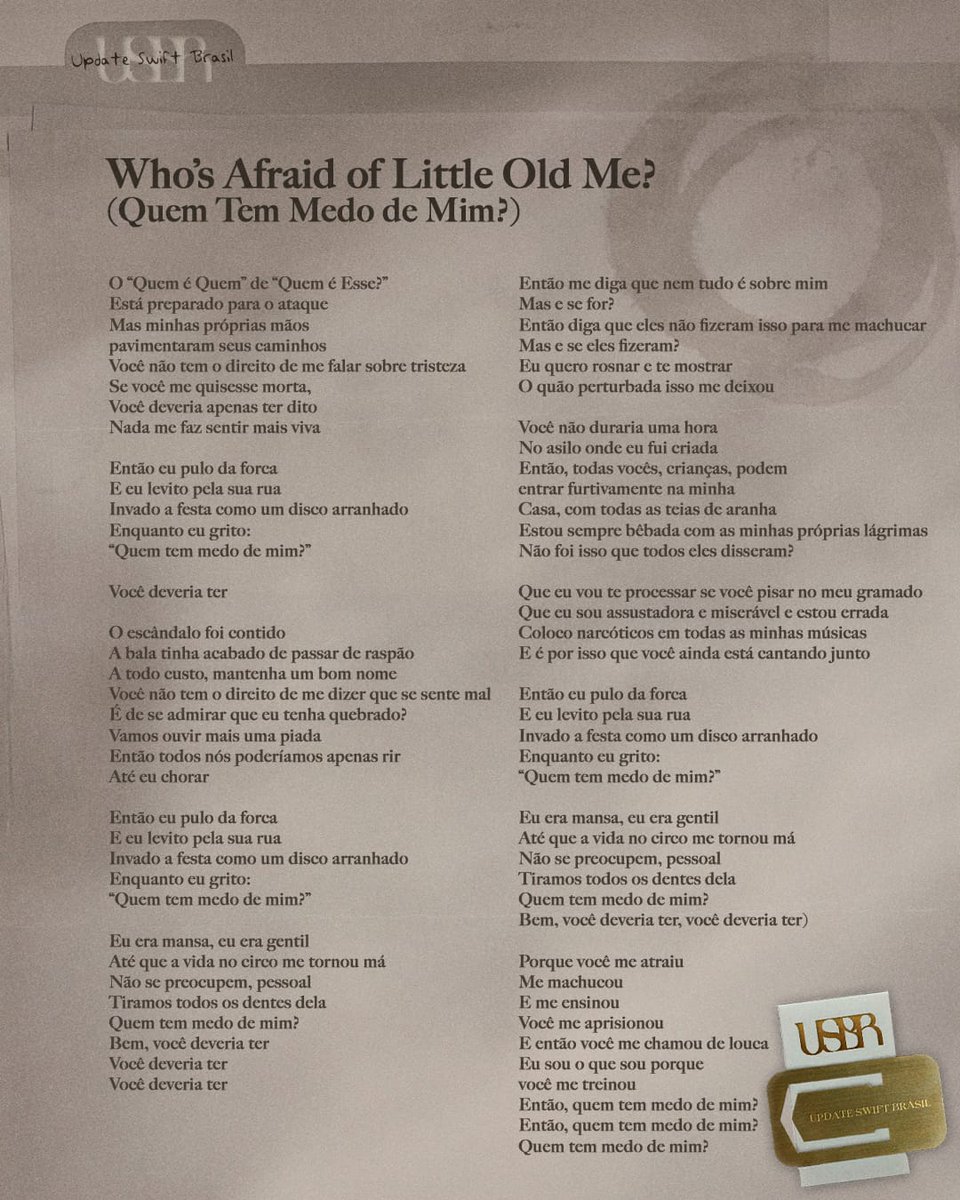 updateswiftbr's tweet photo. "Você não tem o direito de me falar sobre tristeza. Se você me quisesse morta, você deveria apenas ter dito."

Confira a tradução completa de "Who's Afraid of Little Old Me?". #TSTTPD https://t.co/pJgGbkG93C