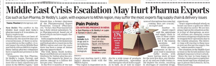 The conflict in the Middle East could dent India's pharma exports if it escalates While exports have not been affected so far, the next few days are crucial as, if there is serious escalation, it could impact the whole Middle East and North Africa (MENA) region. #MiddleEast