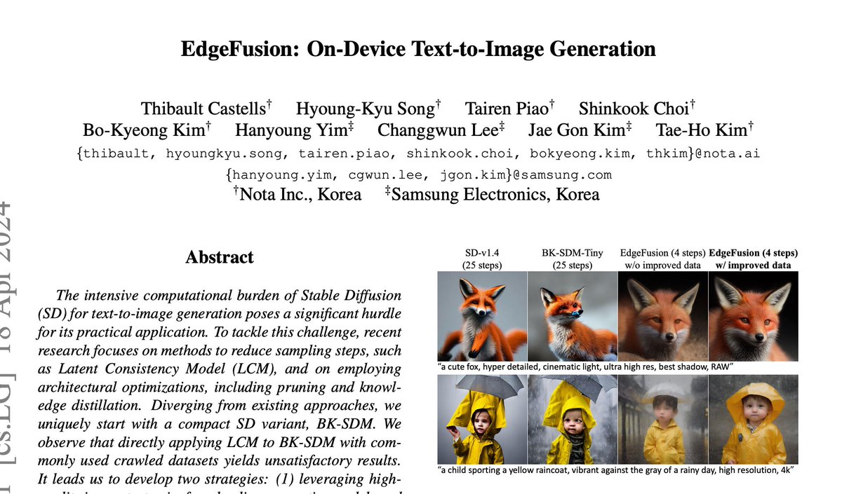 EdgeFusion On-Device Text-to-Image Generation The intensive computational burden of Stable Diffusion (SD) for text-to-image generation poses a significant hurdle for its practical application. To tackle this challenge, recent research focuses on methods to reduce sampling