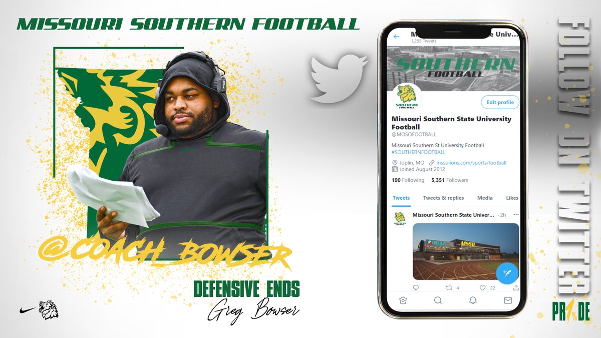 Missouri Southern Football (@mosofootball) on Twitter photo Finally, to put some pressure on the QB, go give a shoutout to Coach Greg Bowser! <a href="/Coach_Bowser/">Gregory Bowser II</a> #FOLLOWFRIDAY Finally, to put some pressure on the QB, go give a shoutout to Coach Greg Bowser! <a href="/Coach_Bowser/">Gregory Bowser II</a> #FOLLOWFRIDAY