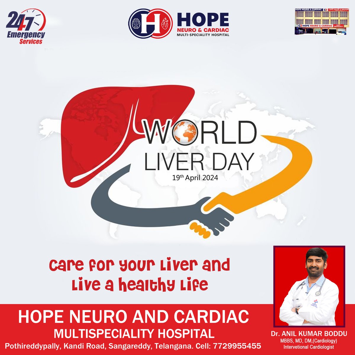 Happy Liver Day 
Hope Neuro & Cardiac Multispecialty Hospital Sangareddy
Our Doctor 
Dr. Anil Kumar Boddu
Interventional Cardiologist
Appointment : 8885333053 7729955455 
#HeartHealth
#Cardiology
#HealthyHeart
#heartawareness
#CardiacCare
#heartdisease
#CardioVascularHealth