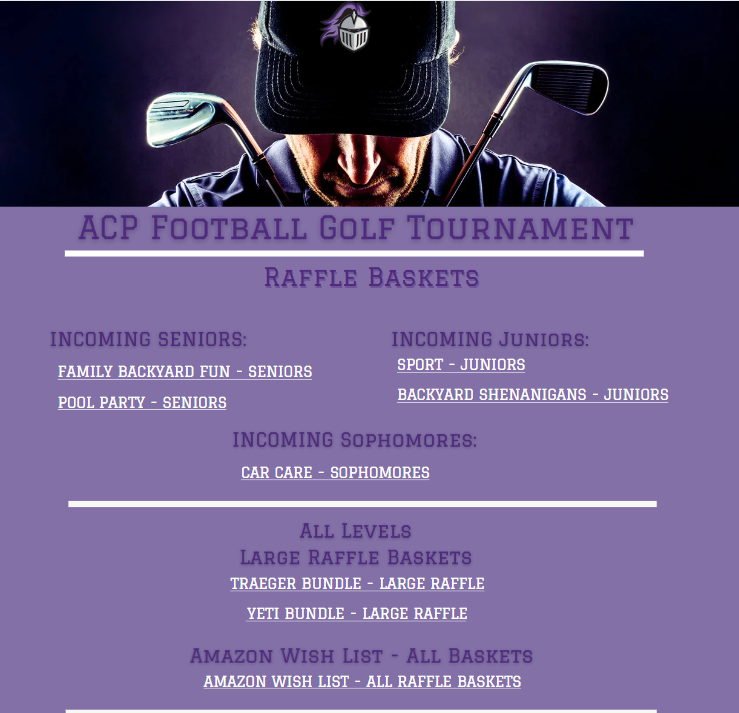 Hey Knights Family! Golf tournament is coming up! Please see the flyer and utilize this link for more information on our raffle basket needs! acpfootballboosters.blogspot.com/2024/04/as-we-… Let's GOOOOO!!!
