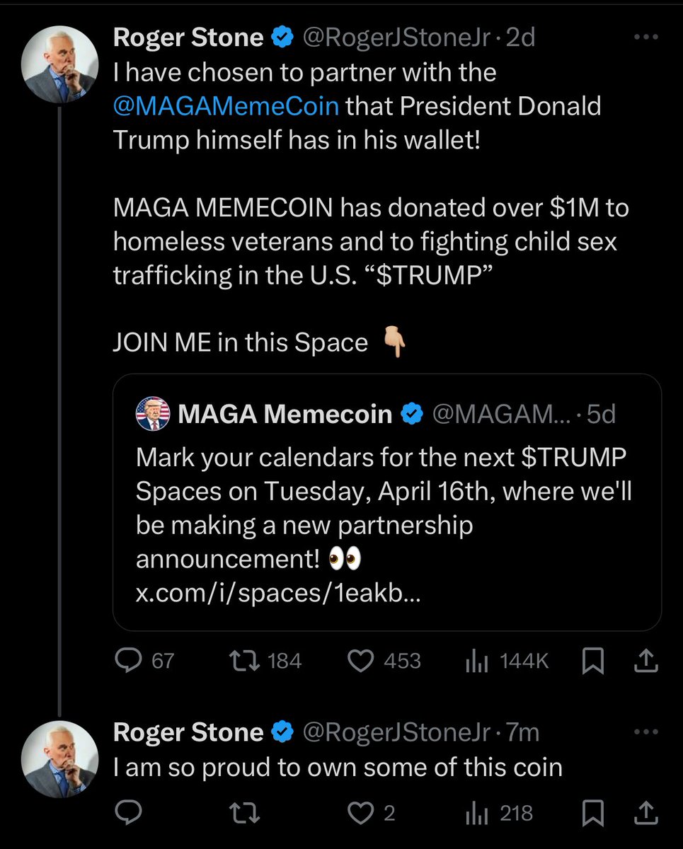 Roger Stone is endorsing a pro-Trump memecoin that claims to donate money to veterans and combatting child sex trafficking. I look forward to the inevitable rugpull and appearance on @molly0xFFF’s excellent “Web 3 is Going Just Great” account, @web3isgreat.