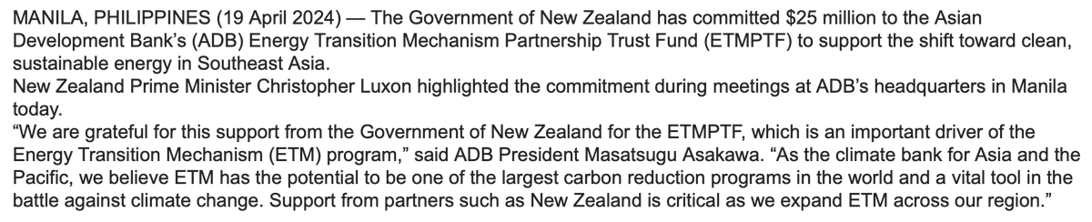 The government of New Zealand has committed $25 million to the Asian Development Bank’s (ADB) Energy Transition Mechanism Partnership Trust Fund (ETMPTF) in support of Southeast Asia's shift towards clean and sustainable energy. | @bworldph