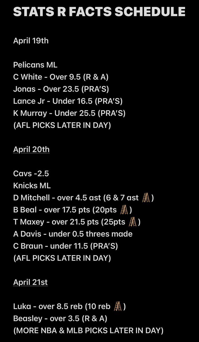 #NBA April 19th - 21st (2024) 

🚨FULL SCHEDULE🚨

ALL PICKS I’VE RELEASED FOR NEXT UPCOMING DAYS! 

Will have some #AFL & #MLB picks ADDED on days marked! 

Still have to wait for the last 2 #NBAplayin games to have access to last 2 #NBAPlayoffs series! 

Will have FULL RECAP of…