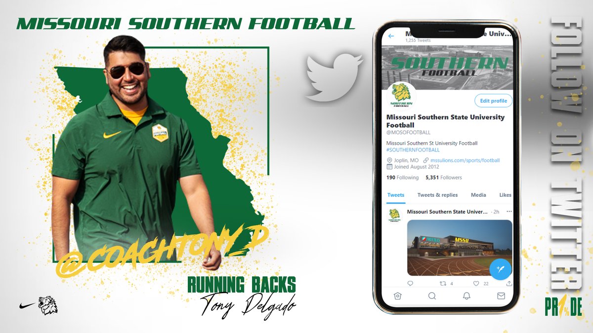 Missouri Southern Football (@mosofootball) on Twitter photo The main man behind the Lion rushing attack, go give a follow to Coach Tony Delgado! <a href="/CoachTony_D/">Tony Delgado</a> #FOLLOWFRIDAY The main man behind the Lion rushing attack, go give a follow to Coach Tony Delgado! <a href="/CoachTony_D/">Tony Delgado</a> #FOLLOWFRIDAY