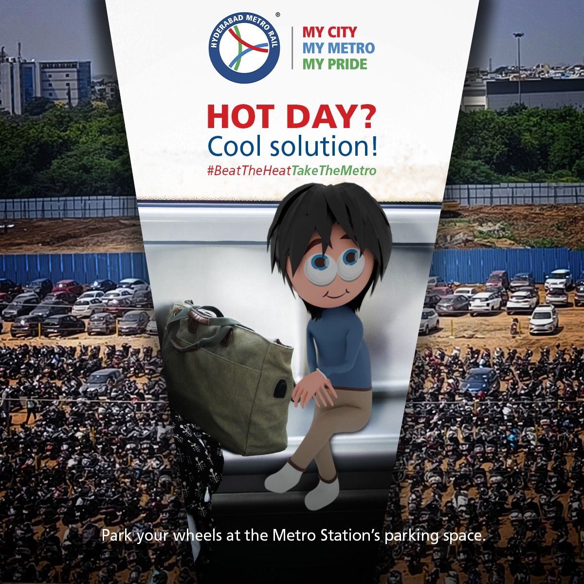 Feeling the heat? Chill out with us! Park your wheels at the metro station's parking space and hop on the metro. #landtmetro #mycitymymetromypride #metroride #HyderabadMetro #MetroRail #metrostation #publictransport #BeatTheHeatTakeTheMetro