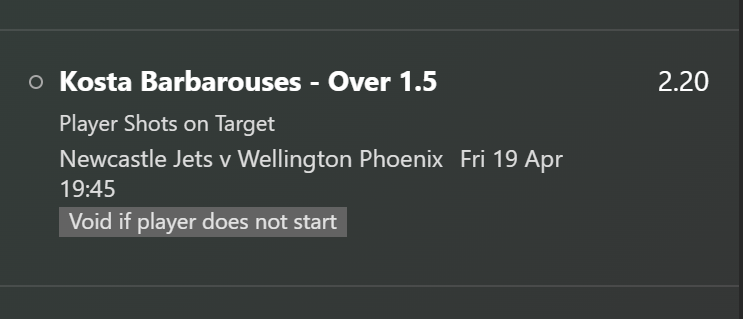 🇦🇺 A League

Kosta Barbarouses - Over 1.5 SOT

📊 L5 - 1,2,1,3,1
✈️ L5 - 2,1,4,3,2

Kosta does step up away and his record shows. 

#soccertips #footballtips #shotsbets
