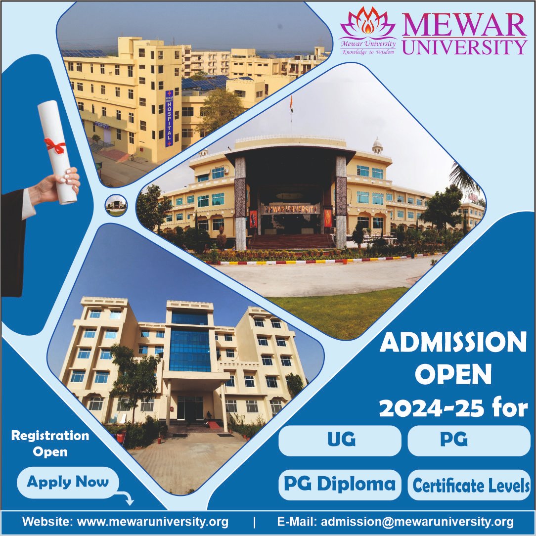 #AdmissionsOpen 2024-25 for various UG/PG, PG #Diploma and Certificate Level courses in #MewarUniversity, Rajasthan.

✅ Special #Scholarships Available.

Apply at - mewaruniversity.org

#CUET2024 #TopUniversityInRajasthan #Education #PGCourse #UGCourse #CareerGoals