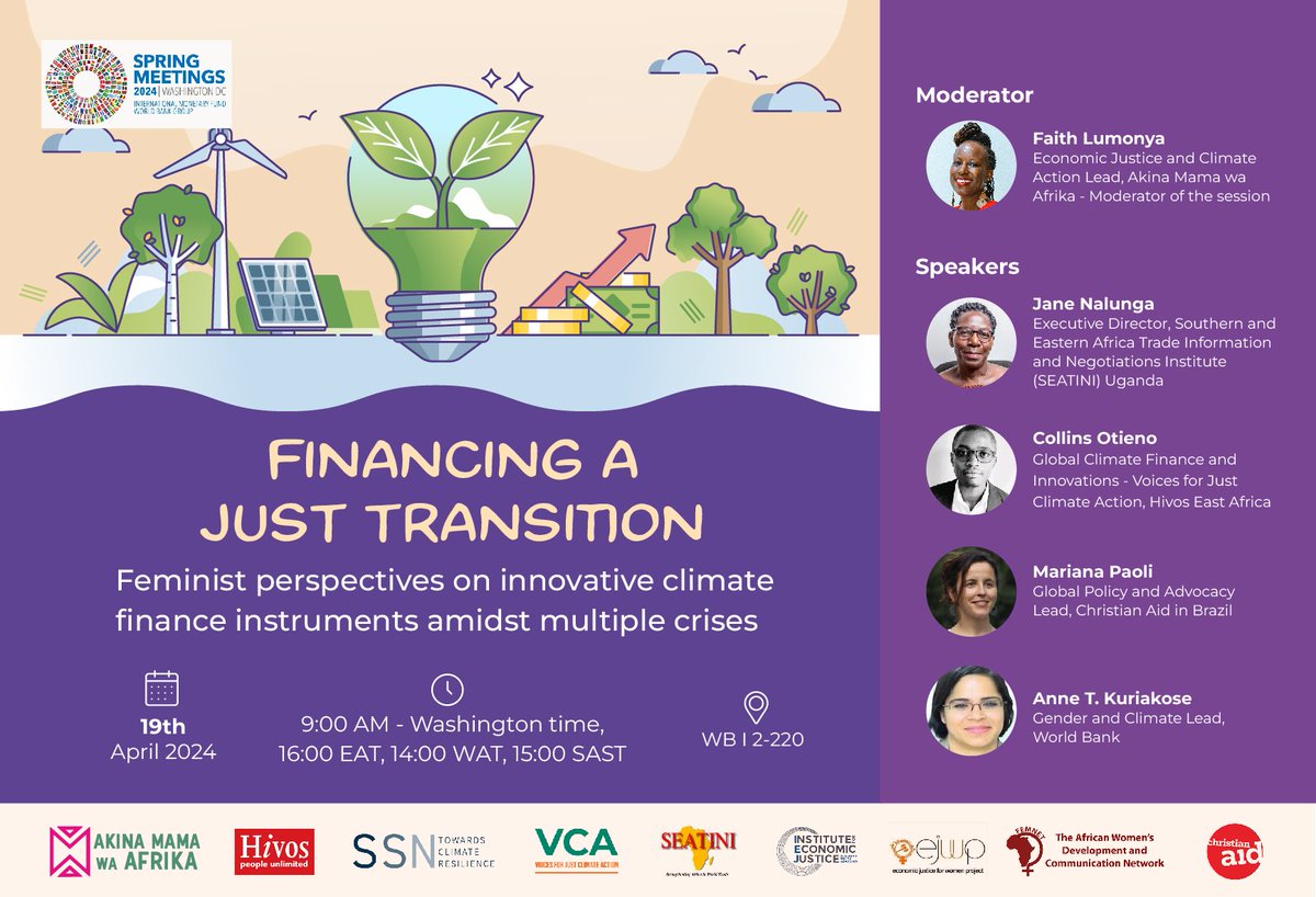 Join us today @ 16:00 EAT in a discussion by @amwaafrika - #FinancingAJustTransition. Together with sisters & comrades in Kenya, Brazil, Uganda, Sudan, we will interrogate so-called innovative climate finance instruments with a global South feminist lens bit.ly/49XxBSp