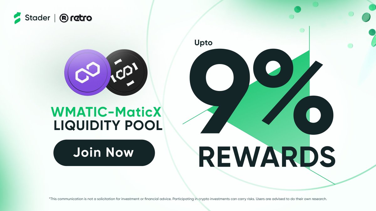 Is your MATIC just sitting in your wallet? Use it to get best in class DeFi rewards today. Get $MaticX by staking MATIC on Stader, Add liquidity to @Retro_finance's WMATIC-MaticX LP. Get upto 9% rewards by joining now. 💰 bit.ly/4aVFng8