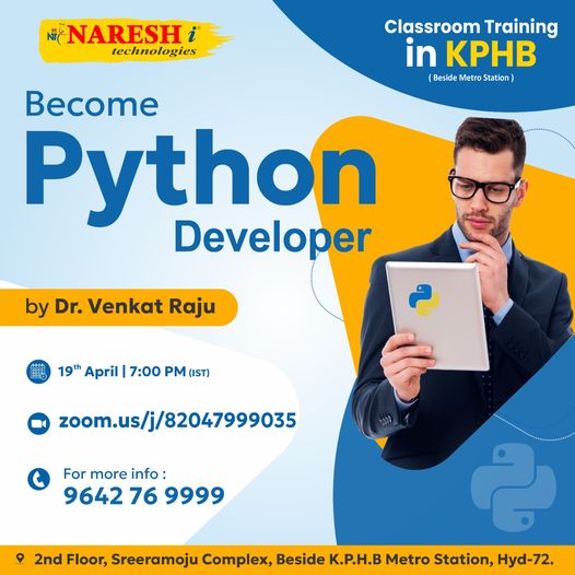 🔴 Classroom Training at KPHB Branch 🔴
✍️Enroll Now: bit.ly/4d2My88
👉Attend a Free Demo On Full Stack Python  by Mr. Dr. Venkat Raju
📅Demo On: 19th April @ 7:00 PM (IST)
For More Details:
🌐Visit: nareshit.com/new-batches