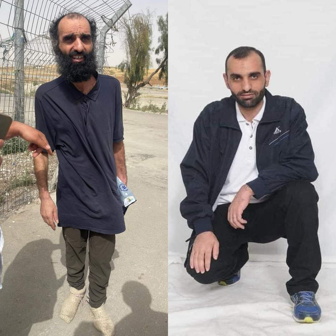 Before and after: the release of Imad Jadallah from Dora in West Bank after 6 months in Israeli administrative detention (under no charge). Israel kidnapped an innocent Palestinian civilian & starved him, released him with no shoes.