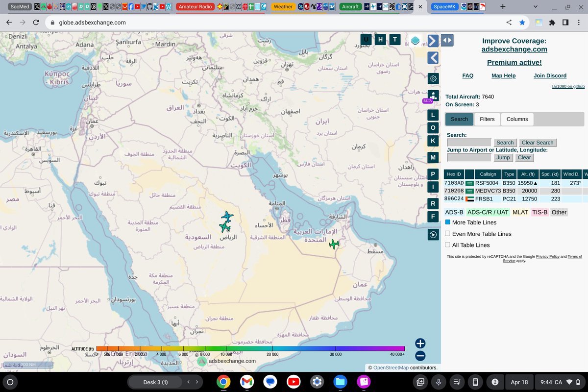 Just three trackable military/government aircraft in the Middle East at this time, 0445 UTC.