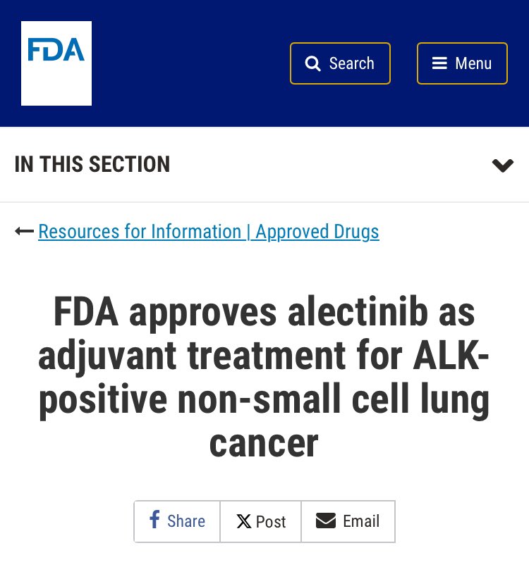 Just Out @US_FDA 🇺🇸 approves alectinib for adjuvant treatment following tumor resection in patients with ALK positive non-small cell lung cancer #NSCLC 🫁 Based on Results from ALINA fda.gov/drugs/resource… @ChristianRolfo @GlopesMd @NarjustFlorezMD @StephenVLiu @JackWestMD