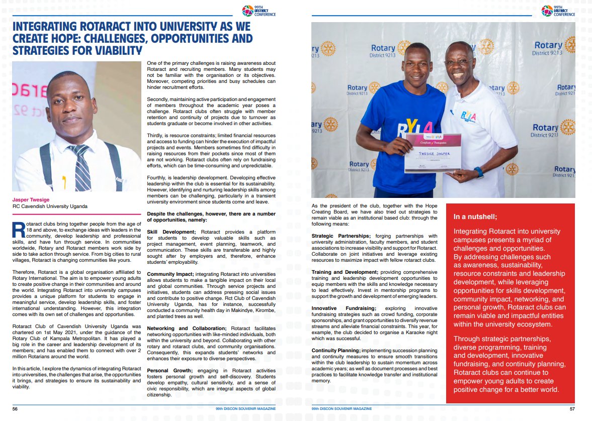 I AM happy to have to have my insights shared in the DISCON SOUVENIR MAGAZINE. Being a leader of an Institutional Based Club(@rac_cuu), I shared on how to integrate Rotaract into university, the challenges, opportunities and how to remain VIABLE #99ThDISCON
