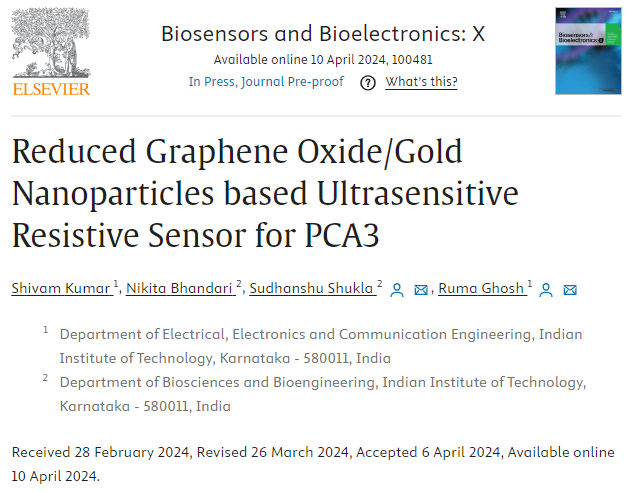 A research work done by group of researchers from IIT Dharwad has been accepted in the highly prestigious peer-reviewed journal - Biosensors and Bioelectronics: X (Impact factor: 12.6). The team, which includes Shivam Kumar, a B.Tech (EE) student, Nikita