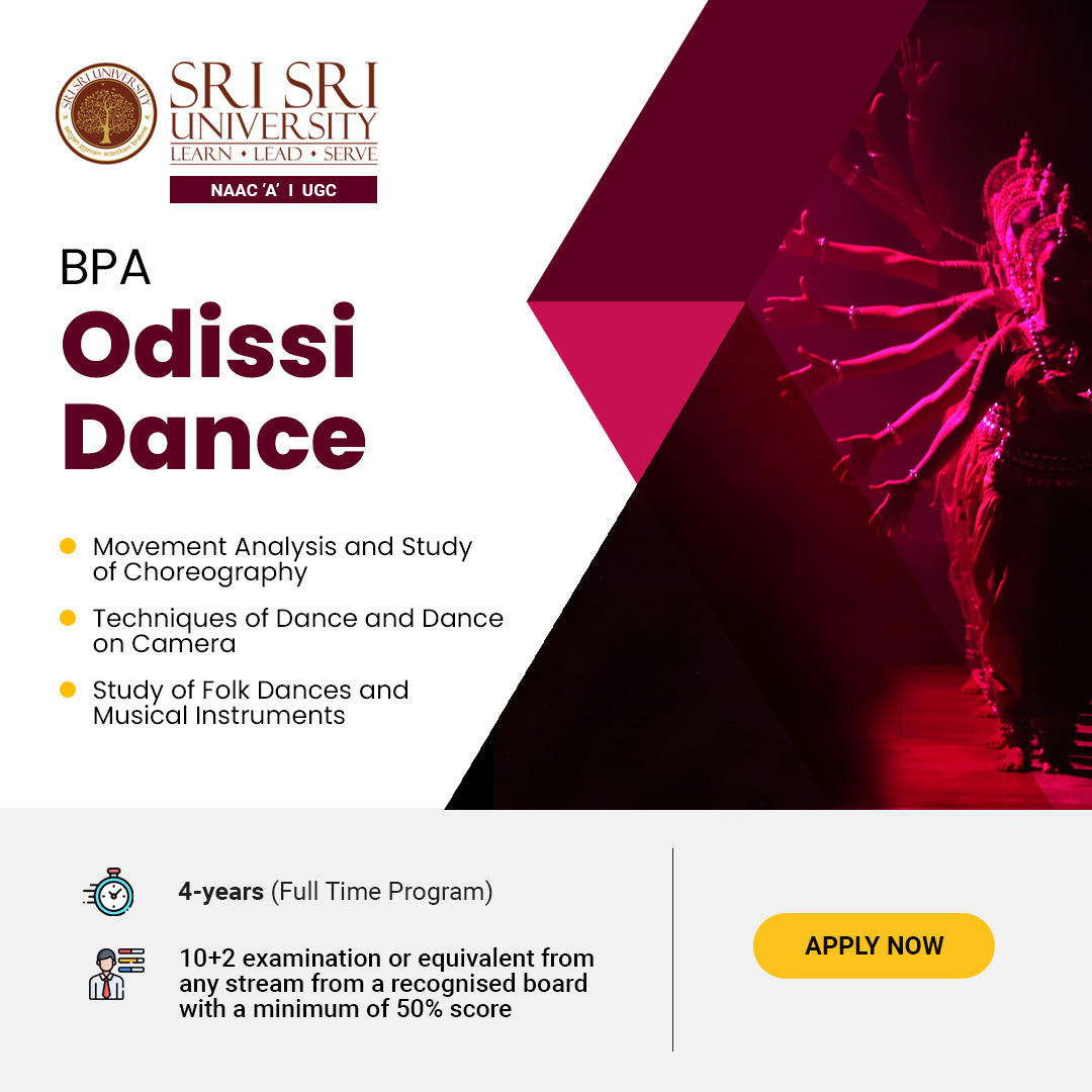 Immerse yourself in the rich traditions of Odissi dance with Sri Sri University's BPA Odissi course! Explore the grace and beauty of this ancient art form under expert guidance. Join a community passionate about preserving cultural heritage. Apply now and step into the world