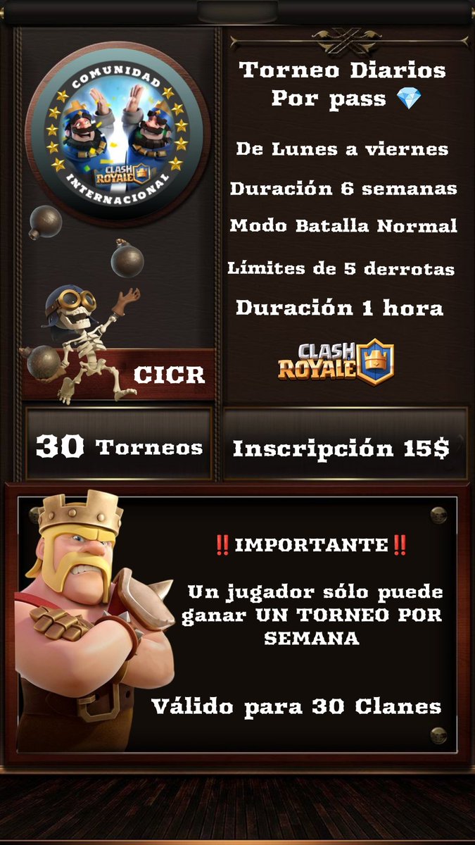 Con tan solo 15$ tu clan podrá participar todos los días de lunes a viernes en un torneo por pase Diamante para mayor información comunicarse a este número: +58 4243235582