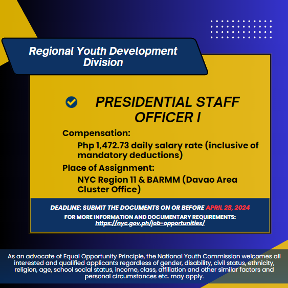 📢 WE ARE HIRING! Read more: facebook.com/nationalyouthc… For detailed information and documentary requirements you may visit nyc.gov.ph/job-opportunit… deadline of submission is until April 28, 2024.