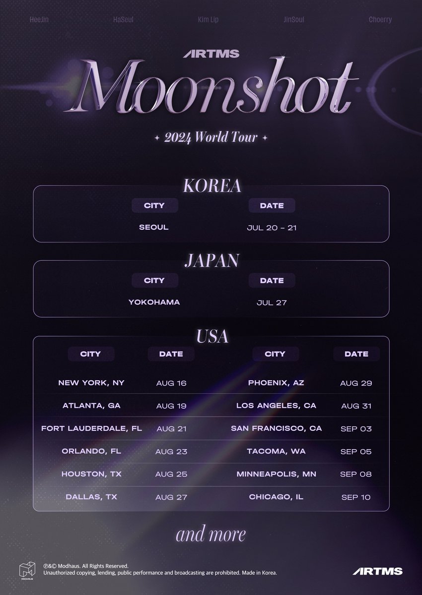 ARTMS Moonshot in US & Japan

🚨 Ticket sales coming soon

Korea
📍2024.07.20 - 21 SEOUL

Japan
📍2024.07.27 YOKOHAMA

USA
📍2024.08.16 NEW YORK, NY
📍2024.08.19 ATLANTA, GA
📍2024.08.21 FORT LAUDERDALE, FL
📍2024.08.23 ORLANDO, FL
📍2024.08.25 HOUSTON, TX
📍2024.08.27 DALLAS, TX