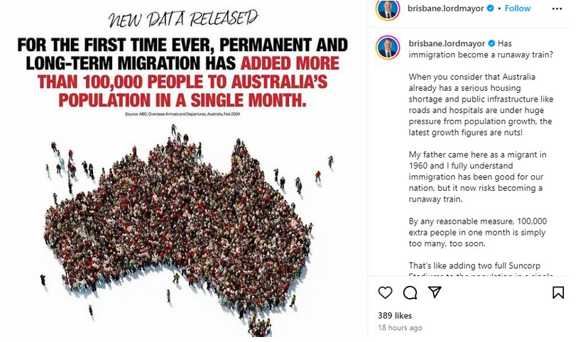 Brisbane Lord Mayor slams Albo's Immigration ponzi-After the ABS released these stats on Tues- Aust recorded the strongest monthly 105,500 Net perm&long-term arrivals on record,Schrinner took2 Instagram demanding the Fed Govt regain control of our borders macrobusiness.com.au/2024/04/brisba…