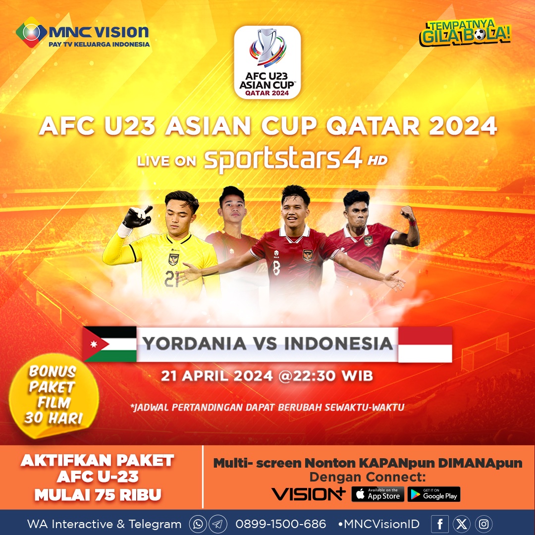 Usai bekuk Australia 1-0 pada ajang Piala Asia U23 2024 kemarin, Garuda Muda selanjutnya akan melawan Yordania 🔥 Saksikan keseruannya LIVE hari Minggu, 21 April 2024 pukul 22.30 WIB @ Sportstars 4 dengan kualitas HD di MNC Vision! 🤩