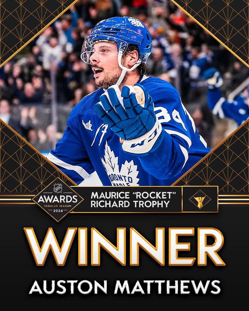 Goal. Scoring. Machine. 🏒

With a League-leading 69 goals in the 2023-24 regular season, Auston Matthews (@AM34) takes home his third Maurice 'Rocket' Richard Trophy in the last four years! #NHLAwards