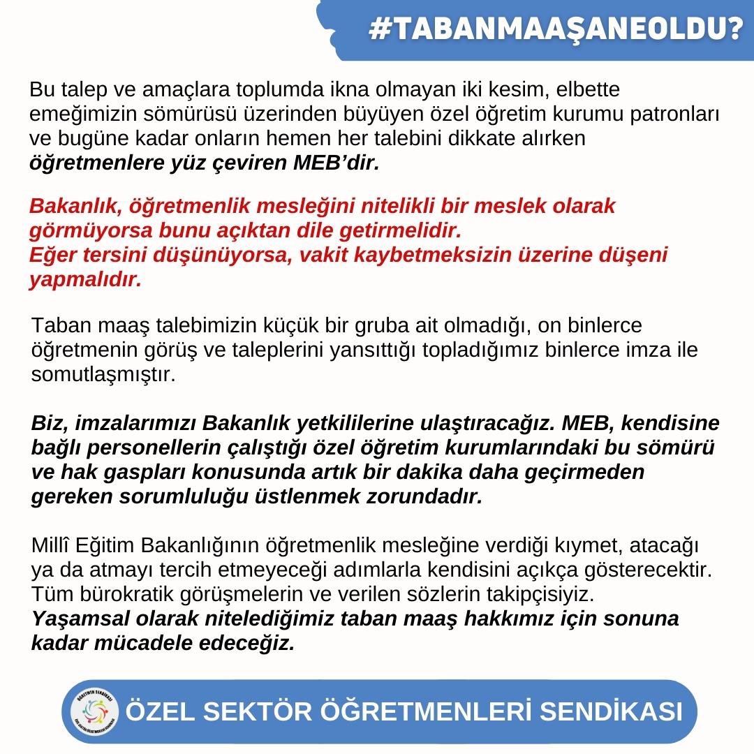 ogretmensendika's tweet photo. ❗️Açıklama: 22 Nisan'da Ankara’ya, @tcmeb önüne gidiyoruz!

22 Nisan’da MEB’e soruyoruz!
#TabanMaaşaNeOldu
👉🏽Sendikamız, 29 Ocak’ta TBMM önündeki eylem sonrası Bakan @Yusuf__Tekin ile yaptığı görüşmede öğretmenlerin taleplerini içeren dosyaları @tcmeb’e teslim etmiştir. 

⚠️Şubat ayından bu yana taban maaş sürecinin işleyişine dair yeni görüşme taleplerimize şu ana kadar bu taleplere dair tarafımıza herhangi bir dönüş yapılmamıştır. 

⚠️Geldiğimiz noktada, Millî Eğitim Bakan Yardımcısı @kemalsamlioglu ile 22 Nisan Pazartesi tarihi için yeni bir görüşme tarafımızca talep edilmiştir. 

Sendikamız, çözüm odaklı ve bu süreçte on binlerce öğretmenin özlemle beklediği talepleri yetkililere taşıma sorumluluğu ile hareket etmektedir. 

🗓️ Talebimiz, insanca bir yaşam içindir.
Bu taleplerle topladığımız imzaları Bakanlık yetkililerine ulaştıracağız. 

Millî Eğitim Bakanlığının öğretmenlik mesleğine verdiği kıymet, atacağı ya da atmayı tercih etmeyeceği adımlarla kendisini açıkça gösterecektir.

📣Tüm bürokratik görüşmelerin ve verilen sözlerin takipçisiyiz. Yaşamsal olarak nitelediğimiz taban maaş hakkımız için sonuna kadar mücadele edeceğiz.

#TabanMaaşıBekliyoruz