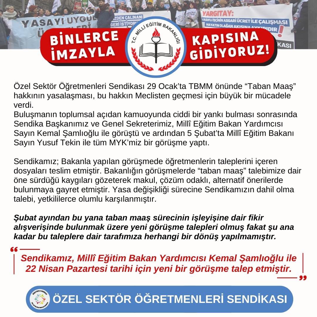 ogretmensendika's tweet photo. ❗️Açıklama: 22 Nisan'da Ankara’ya, @tcmeb önüne gidiyoruz!

22 Nisan’da MEB’e soruyoruz!
#TabanMaaşaNeOldu
👉🏽Sendikamız, 29 Ocak’ta TBMM önündeki eylem sonrası Bakan @Yusuf__Tekin ile yaptığı görüşmede öğretmenlerin taleplerini içeren dosyaları @tcmeb’e teslim etmiştir. 

⚠️Şubat ayından bu yana taban maaş sürecinin işleyişine dair yeni görüşme taleplerimize şu ana kadar bu taleplere dair tarafımıza herhangi bir dönüş yapılmamıştır. 

⚠️Geldiğimiz noktada, Millî Eğitim Bakan Yardımcısı @kemalsamlioglu ile 22 Nisan Pazartesi tarihi için yeni bir görüşme tarafımızca talep edilmiştir. 

Sendikamız, çözüm odaklı ve bu süreçte on binlerce öğretmenin özlemle beklediği talepleri yetkililere taşıma sorumluluğu ile hareket etmektedir. 

🗓️ Talebimiz, insanca bir yaşam içindir.
Bu taleplerle topladığımız imzaları Bakanlık yetkililerine ulaştıracağız. 

Millî Eğitim Bakanlığının öğretmenlik mesleğine verdiği kıymet, atacağı ya da atmayı tercih etmeyeceği adımlarla kendisini açıkça gösterecektir.

📣Tüm bürokratik görüşmelerin ve verilen sözlerin takipçisiyiz. Yaşamsal olarak nitelediğimiz taban maaş hakkımız için sonuna kadar mücadele edeceğiz.

#TabanMaaşıBekliyoruz