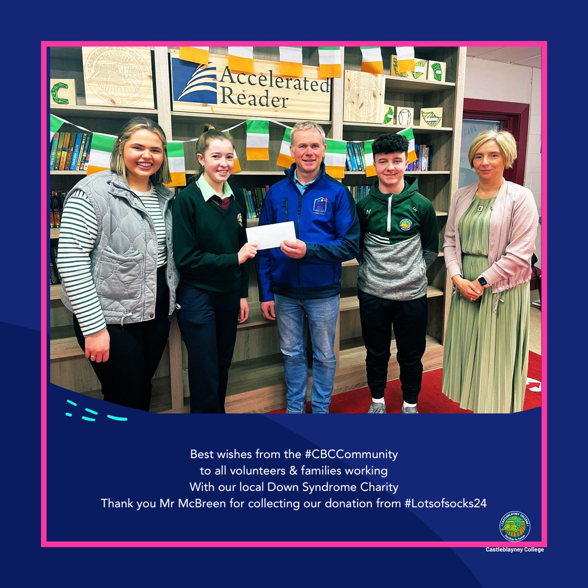 🧦Delighted to present Martin McBreen with a cheque of funds raised from #CBC #LotsofSocks day to support the amazing work of Down Syndrome Centre North East. #StrongerTogether #ETBEthos @CavMonETB #MakingADifference @WorldDSDay