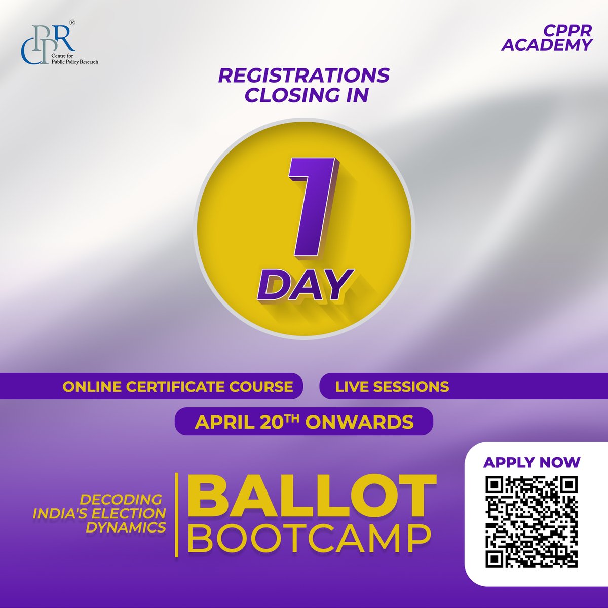 1 Day to go!

Registrations Closing today for #CPPRAcademy's Online Certificate Course on Decoding India's Election Dynamics.

Learn about #Elections in India, from History to Strategy!

Secure your spot now!
cppr.in/ballot-bootcam…

#Elections2024
#onlinecourses