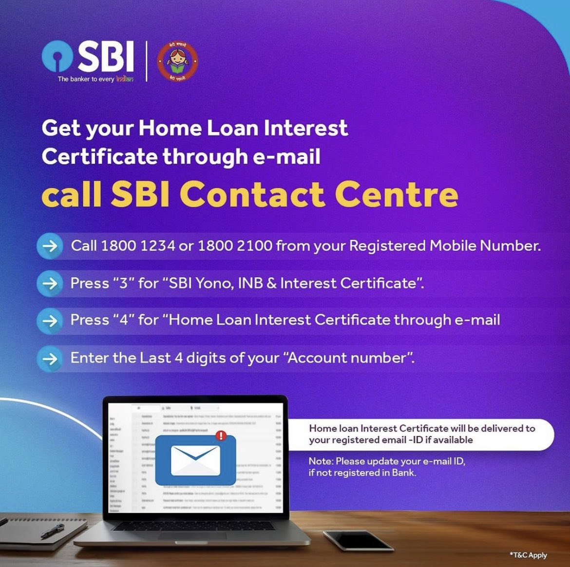 Call us from the comfort of your home to get your Home Loan Interest Certificate. Call our toll-free numbers and get interest certificates on your registered e-mail ID. #SBI #TheBankerToEveryIndian #SBIContactCentre