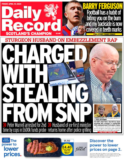 Good morning! Here is today's Daily Record front page, which leads on the arrest and charge of former SNP chief executive Peter Murrell.

#scotpapers