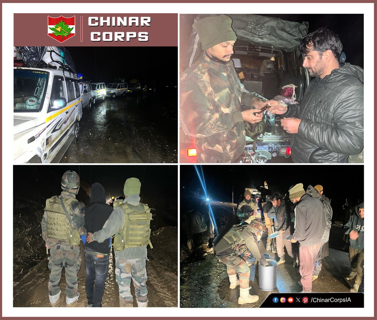 #ChinarWarriors to the rescue'  

Chinar Warriors in conjunction with @BROindia responded to a destress call by stranded civilians due to sudden landslides near Badogam in #Gurez, providing assistance in evacuation of approx 250 civilians including elderly, women & children along