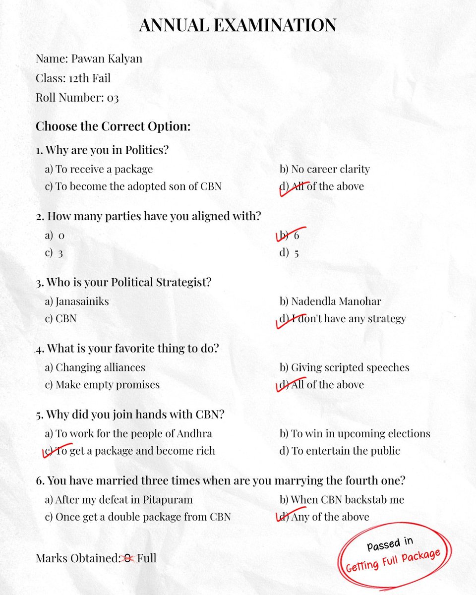 Mr. #PackageStar aka @PawanKalyan, good to see you clearing at least one exam. In fact, it seems you got more marks than the number of seats to contest in the Andhra Pradesh election. #MahaDushtaKutami #TDPBJPJSPCollapse #PawanKalyan #VoteForFan