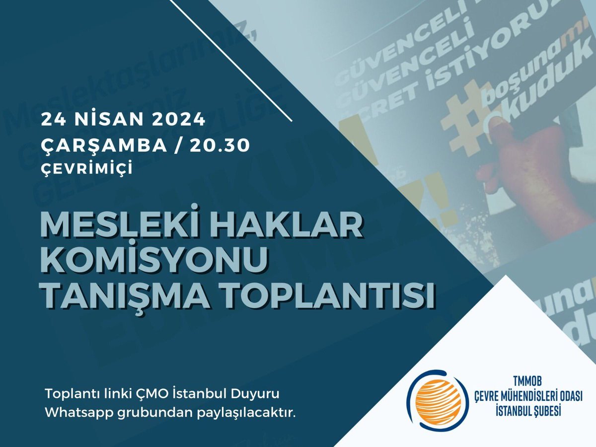 📣 Komisyon toplantılarımız başlıyor! 🔔Mesleki Haklar Komisyonumuzun tanışma toplantısını zoom üzerinden çevrimiçi gerçekleştireceğiz💻 🗓️24 Nisan 2024, Çarşamba 🕣20.30 ❕Toplantı linki ÇMO İstanbul Duyuru whatsapp grubundan iletilecektir.