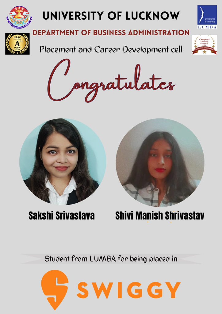 🎓 Thrilled to announce that Shivi Srivastava & Sakshi Srivastava from the Dept. have secured roles as Sales Managers at @swiggy_in through our virtual placement drive! 🌟 Congratulations on your offers with a CTC of 6 LPA. 🚀 #ULPlacementSuccess #SwiggyCareers @sangeeta_hr