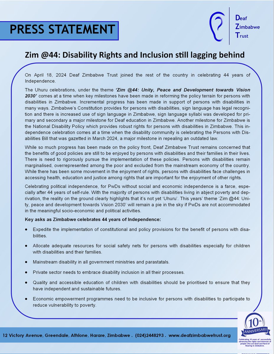 Deaf Zimbabwe Trust statement on the 44th Zimbabwean Independence Day anniversary celebrations. #disabilitymatters #ZimbabweIndependenceDay #disabilityinclusion @ParliamentZim @capitalkfm @HeraldZimbabwe @NewZimbabweCom @NewsDayZimbabwe @ZBCNewsonline @HopeResurrect @Sightsavers