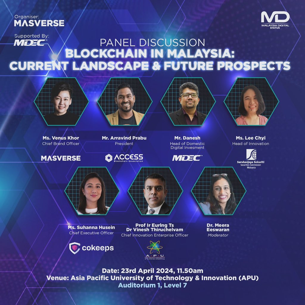 MasverseHub's tweet photo. Join us at the cusp of innovation for a riveting panel discussion at Masverse's National Launch of MasChain. Engage with a stellar panel of thought leaders at the Asia Pacific University of Technology and Innovation (APU) on the 23rd of April, 2024, at 10 am.

This session will explore 'Blockchain in Malaysia: Current Landscape & Future Prospects' and is an unmissable opportunity for anyone invested in the future of blockchain technology.

Set in the impressive Auditorium 1, Level 7 at APU, this event promises to be an enlightening confluence of ideas and discussions that will shape the blockchain ecosystem's trajectory. 

Mark your calendars for a day of knowledge, networking, and the future of blockchain in Malaysia.