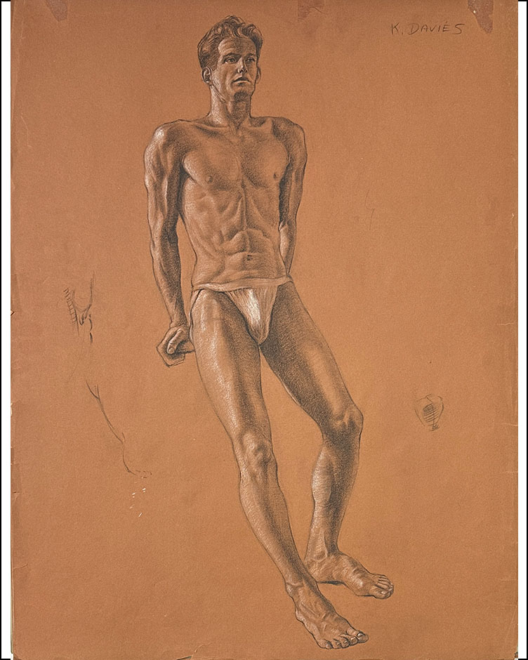 New in J1: Drawing by listed artist Ken Davies (1925-2017), 1940s vintage.  Measures 19”x 25”, edge wear. In a poly bag w/board. #TwoGuysAndADog #KenDavies #AmericanArt #FigureDrawing #AcademicDrawing #NudeMale #TheMaleFigure #ConteDrawing #HomoErotic #Physique #Illustrator