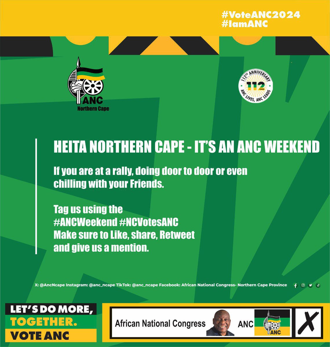 🚨🚨ANC SHOUT OUT 🔊🔊

It’s a ANC Weekend and we call upon all ANC Supporters to tag us by using #ANCWeekend and #NCVotesANC.

Make sure you Like, Share, Retweet and give us a mention.

#ANCWeekend
#NCVotesANC
#VoteANC2024
#LetsDoMoreTogther