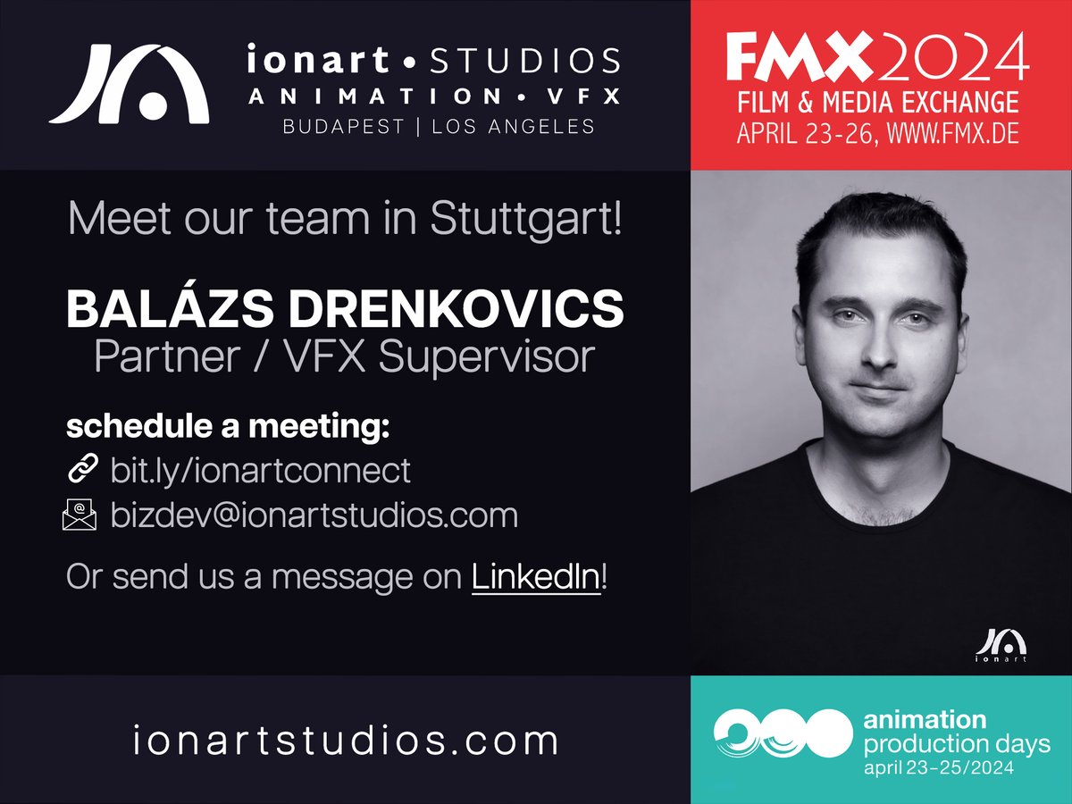 ionartstudios's tweet photo. Are you heading to @FMX_Conference and #APD in Stuttgart next week? Meet members of our managing team like VFX Supervisor Balázs Drenkovics!

#fmx2024 #apd2024 #stuttgart #ionartstudios #visualeffects #animation #europeanfilm #europeananimation #conference #networking https://t.co/oFhJwcouyy
