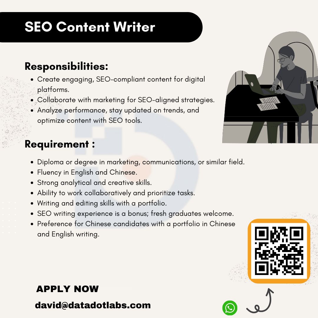 Hello #Everyone, 

🌟 Join Our Dynamic Team Now! 

Positions Available: 
🔎 Project Admin Executive
🔎 SEO Content Writer

Apply today for a chance to be part of our team! Contact 🔗david@datadotlabs.com or 💬WhatsApp at +60 11-5379 4373 

#DSS #Project #SEO #contentwriter